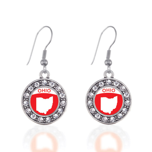 Silver Ohio Outline Circle Charm Dangle Earrings
