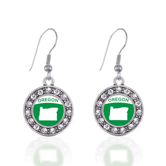 Silver Oregon Outline Circle Charm Dangle Earrings
