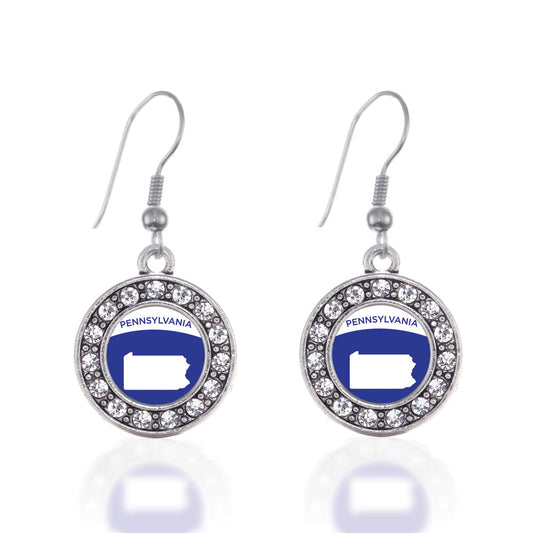 Silver Pennsylvania Outline Circle Charm Dangle Earrings