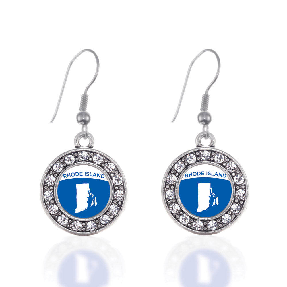 Silver Rhode Island Outline Circle Charm Dangle Earrings