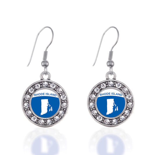Silver Rhode Island Outline Circle Charm Dangle Earrings