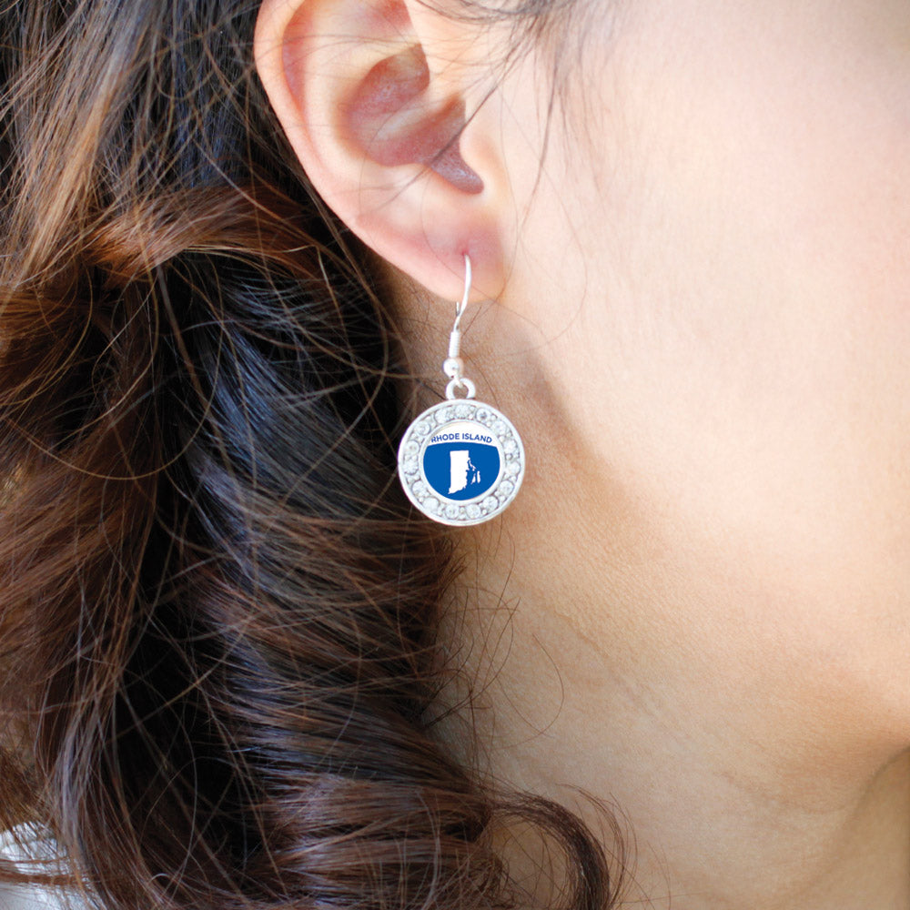Silver Rhode Island Outline Circle Charm Dangle Earrings