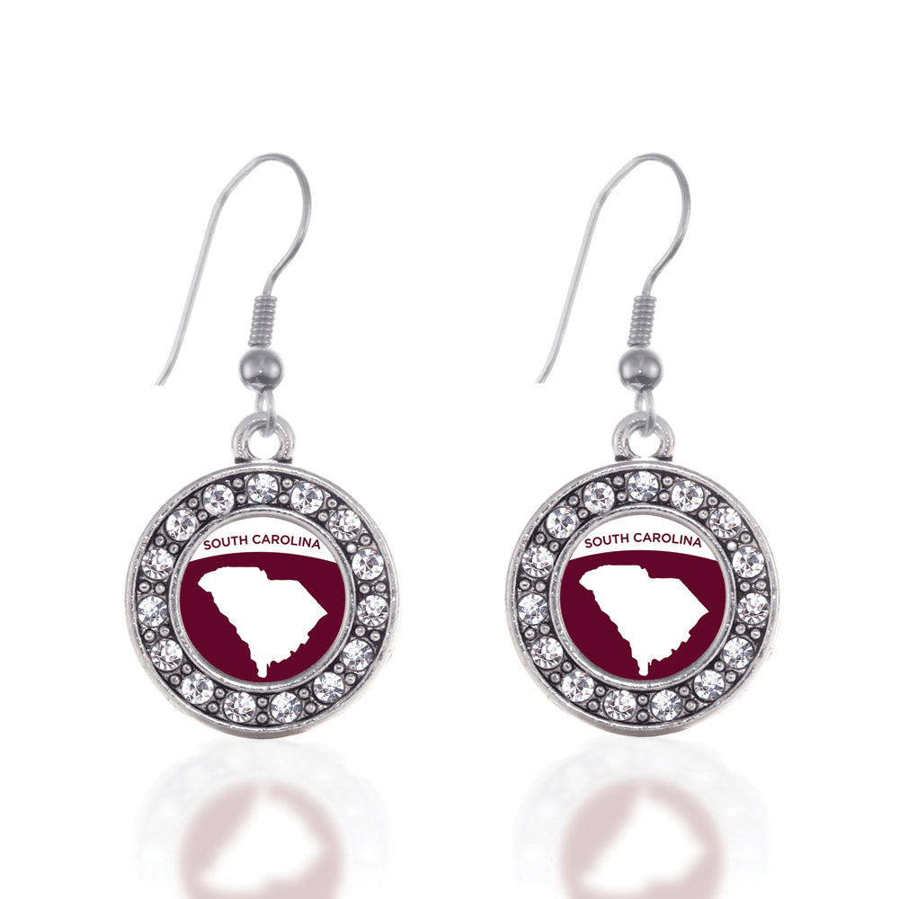 Silver South Carolina Outline Circle Charm Dangle Earrings