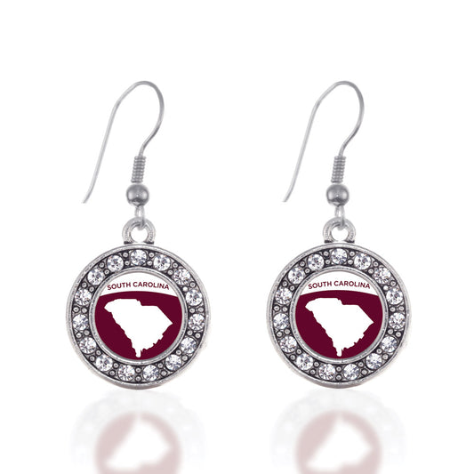 Silver South Carolina Outline Circle Charm Dangle Earrings