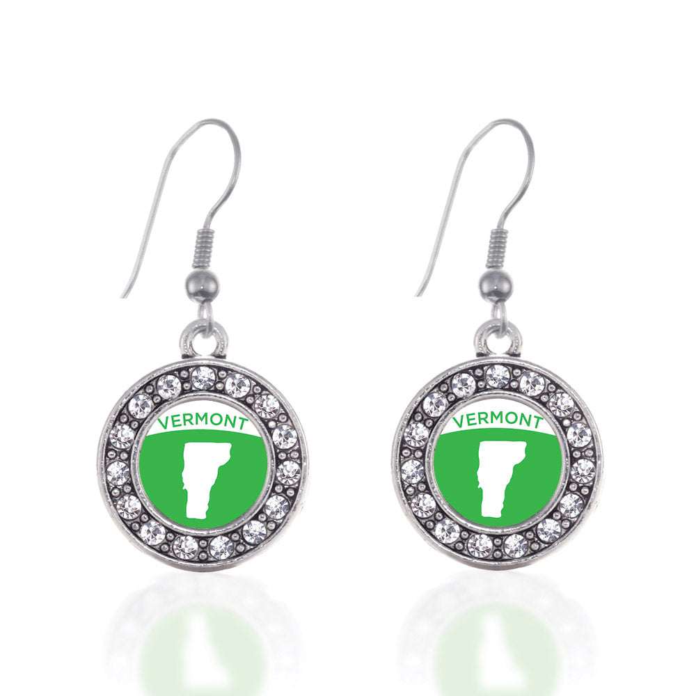 Silver Vermont Outline Circle Charm Dangle Earrings
