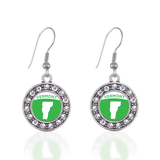 Silver Vermont Outline Circle Charm Dangle Earrings
