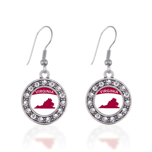 Silver Virginia Outline Circle Charm Dangle Earrings