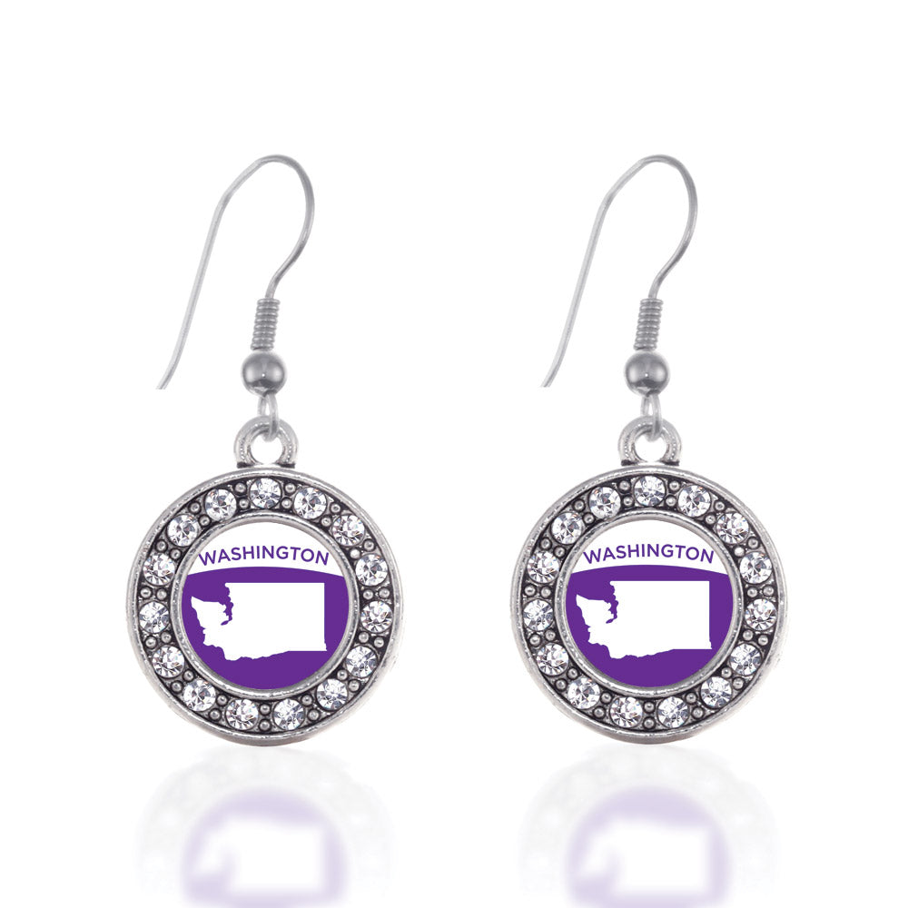 Silver Washington Outline Circle Charm Dangle Earrings