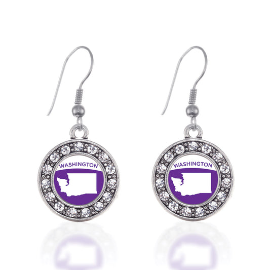 Silver Washington Outline Circle Charm Dangle Earrings