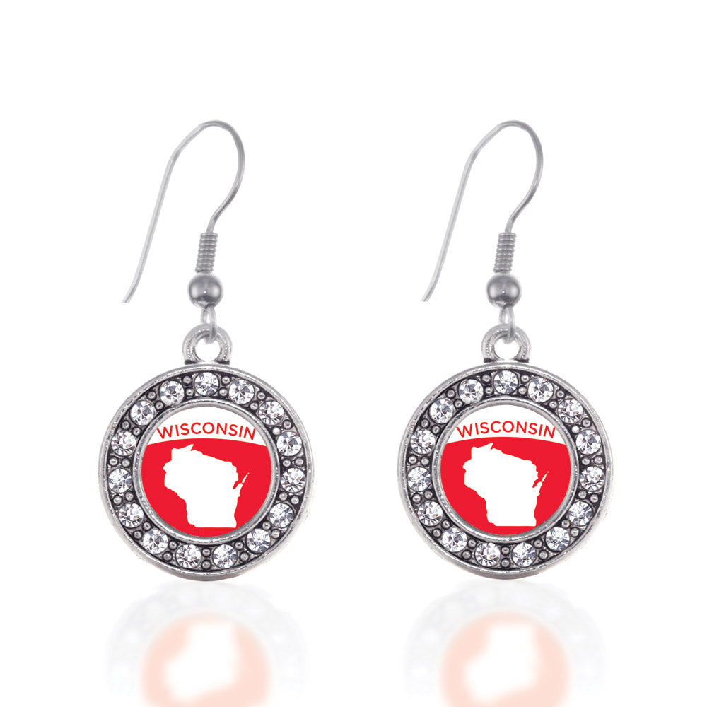 Silver Wisconsin Outline Circle Charm Dangle Earrings