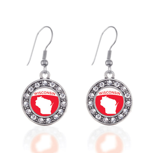 Silver Wisconsin Outline Circle Charm Dangle Earrings
