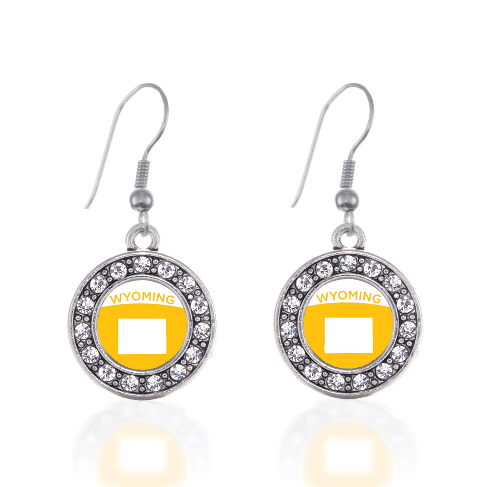 Silver Wyoming Outline Circle Charm Dangle Earrings