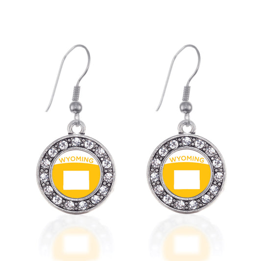 Silver Wyoming Outline Circle Charm Dangle Earrings