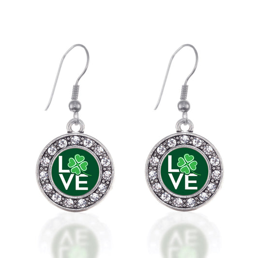 Silver Lucky Clover Of Love Circle Charm Dangle Earrings