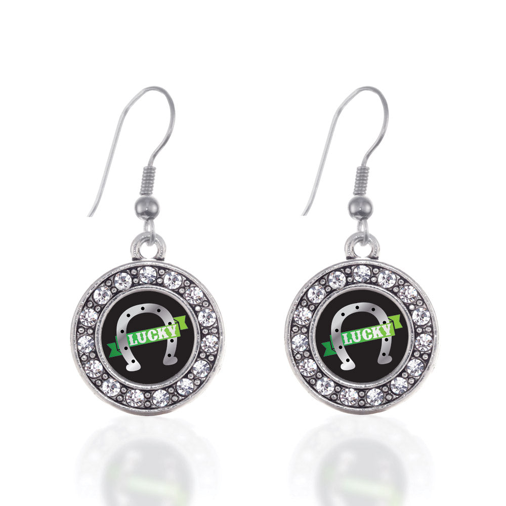 Silver Lucky Horse Shoe Circle Charm Dangle Earrings