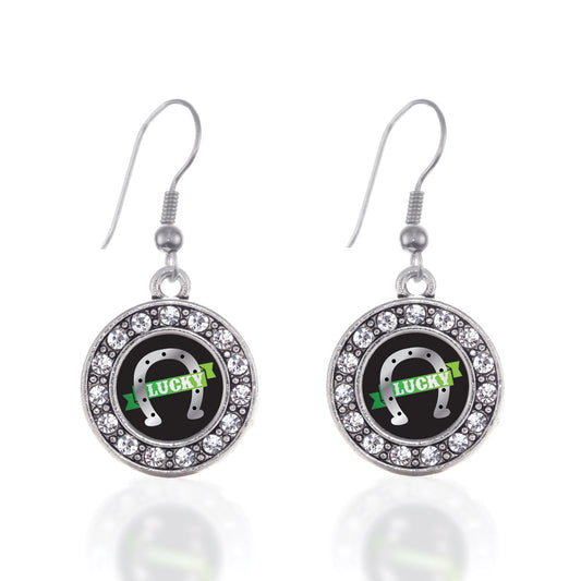 Silver Lucky Horse Shoe Circle Charm Dangle Earrings