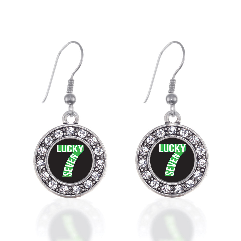 Silver Lucky Seven Circle Charm Dangle Earrings