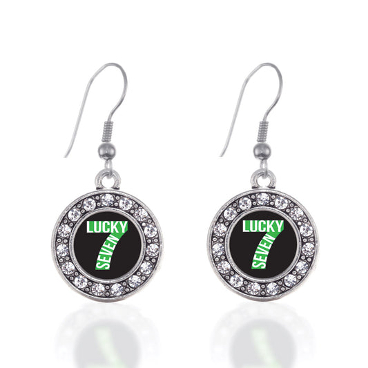 Silver Lucky Seven Circle Charm Dangle Earrings