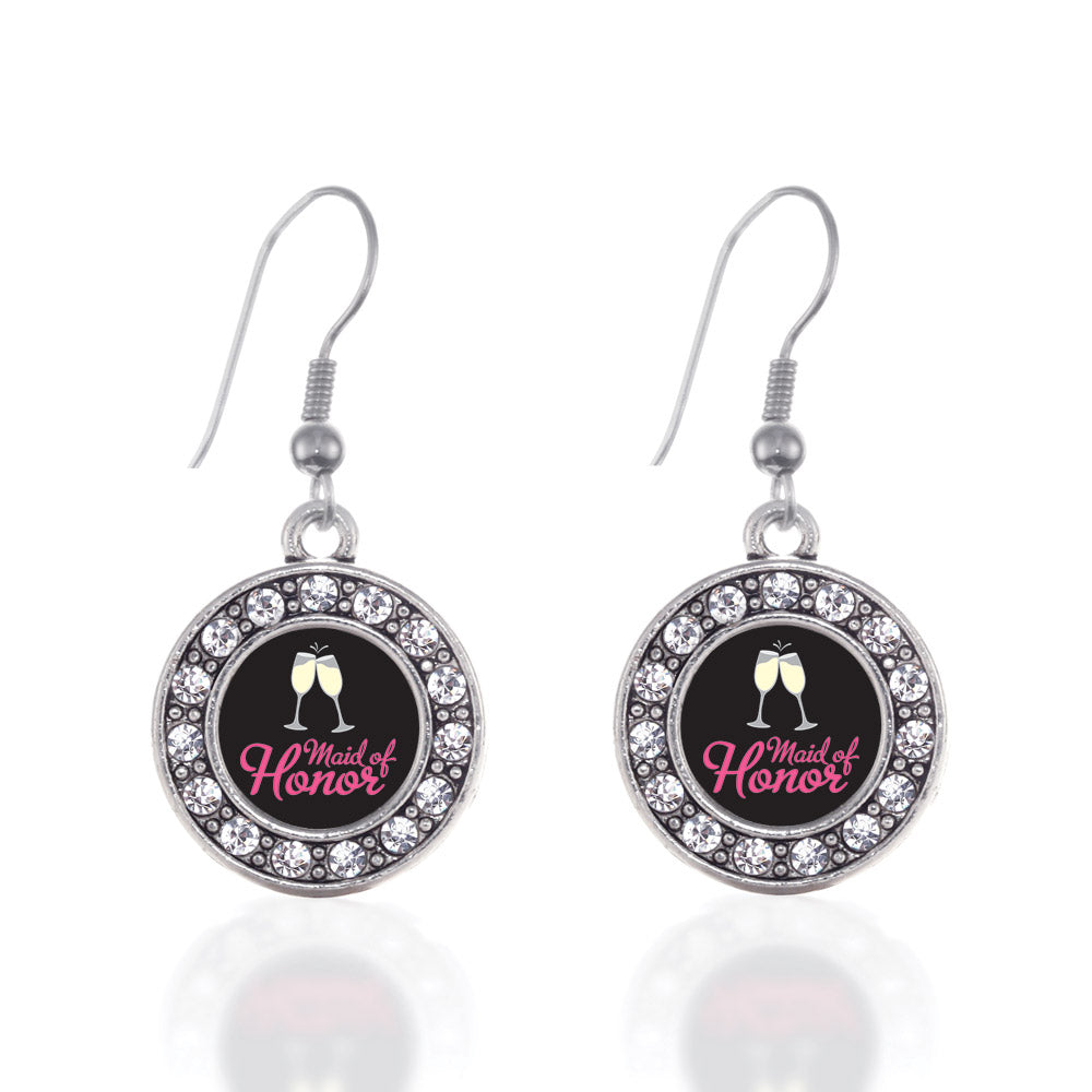 Silver Maid Of Honor Circle Charm Dangle Earrings
