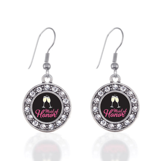 Silver Maid Of Honor Circle Charm Dangle Earrings