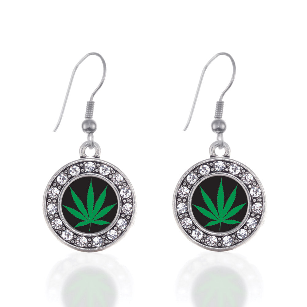 Silver Marijuana Leaf Circle Charm Dangle Earrings