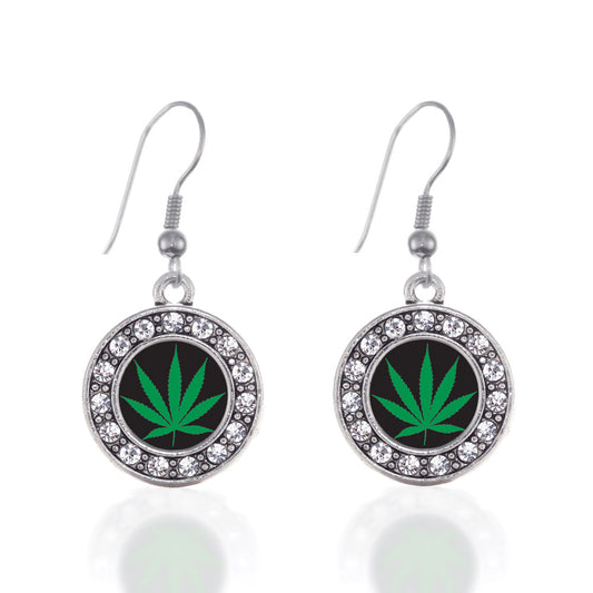 Silver Marijuana Leaf Circle Charm Dangle Earrings