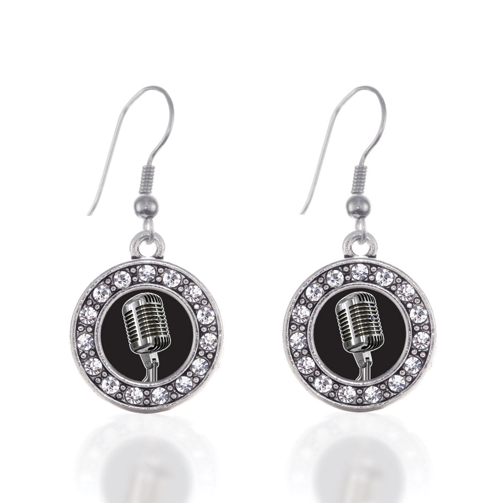 Silver Microphone Circle Charm Dangle Earrings