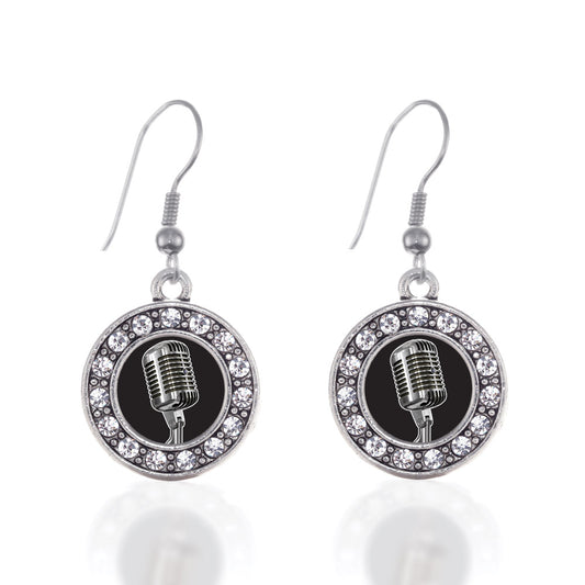 Silver Microphone Circle Charm Dangle Earrings