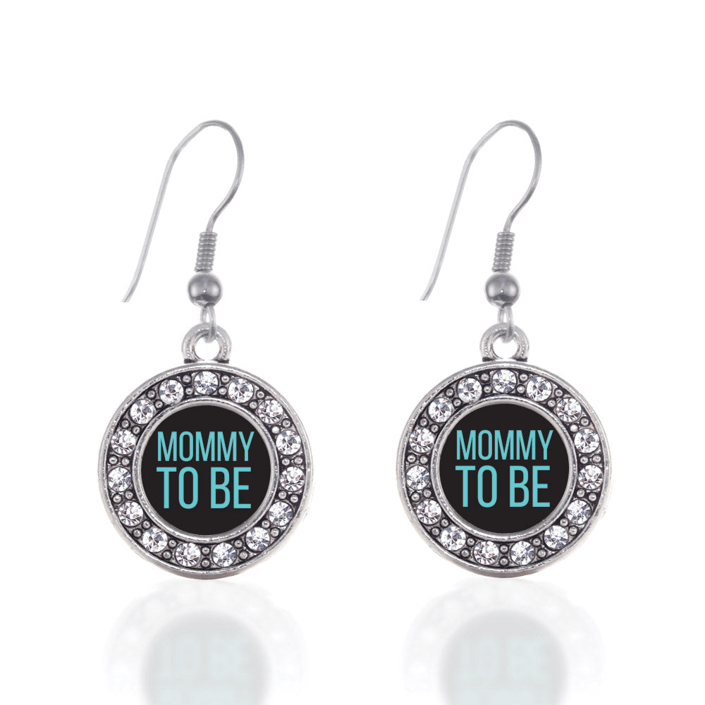Silver Mommy To Be Blue Circle Charm Dangle Earrings
