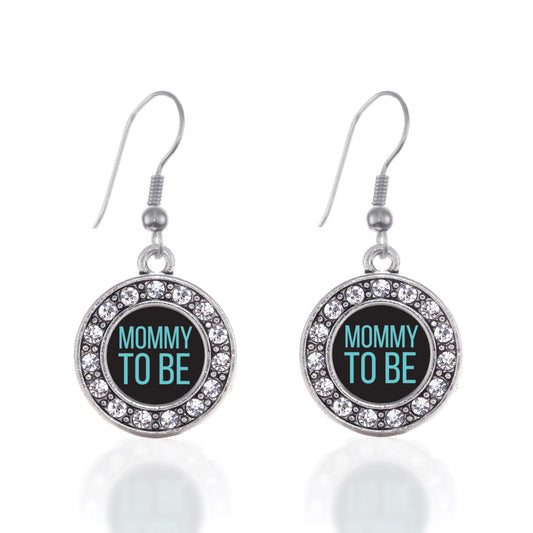 Silver Mommy To Be Blue Circle Charm Dangle Earrings