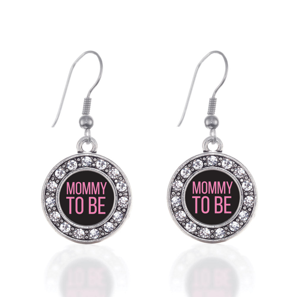 Silver Mommy To Be Pink Circle Charm Dangle Earrings