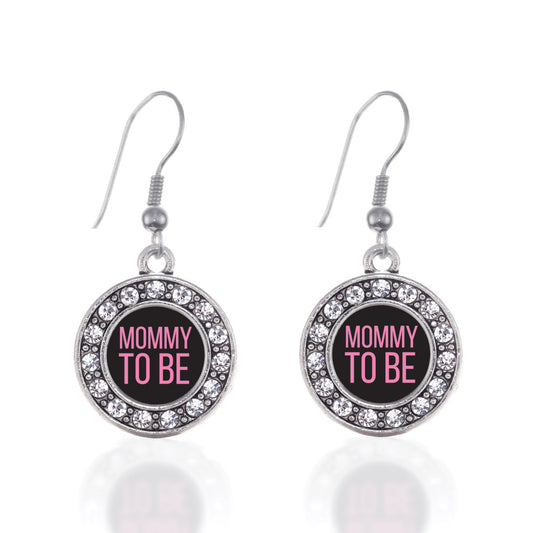 Silver Mommy To Be Pink Circle Charm Dangle Earrings