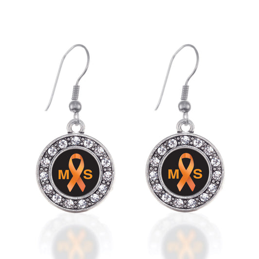 Silver Multiple Sclerosis Awareness Circle Charm Dangle Earrings