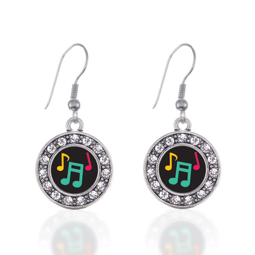 Silver Musical Notes Circle Charm Dangle Earrings