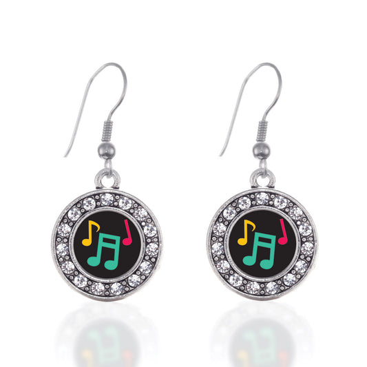 Silver Musical Notes Circle Charm Dangle Earrings