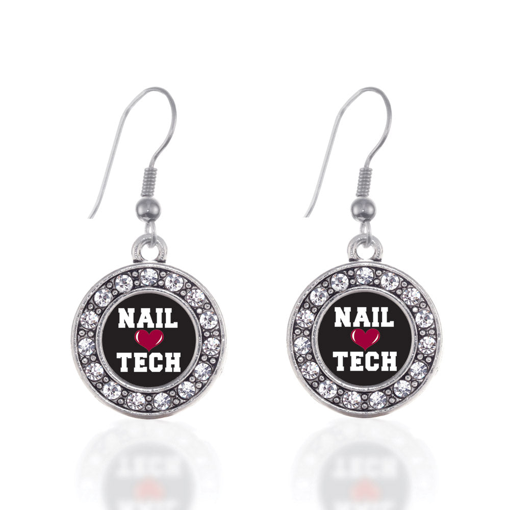 Silver Nail Tech Circle Charm Dangle Earrings