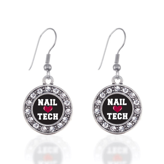 Silver Nail Tech Circle Charm Dangle Earrings