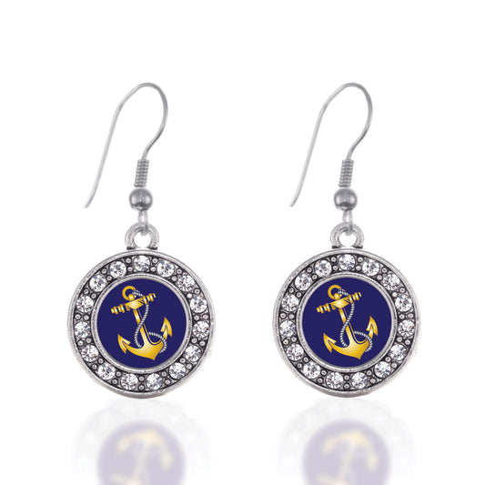 Silver Navy Anchor Circle Charm Dangle Earrings