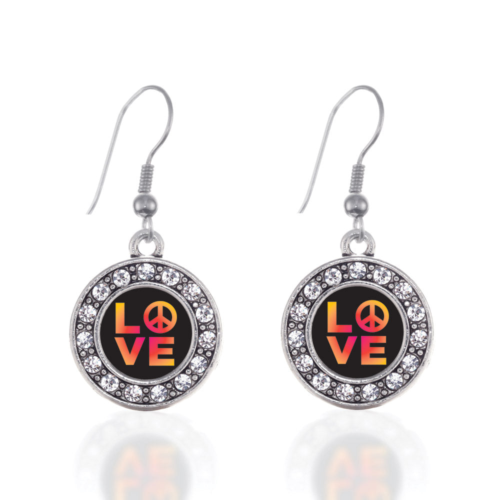 Silver Peace And Love Circle Charm Dangle Earrings