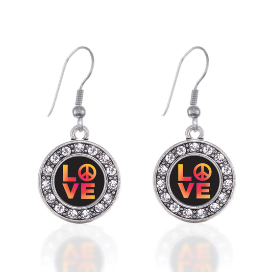 Silver Peace And Love Circle Charm Dangle Earrings