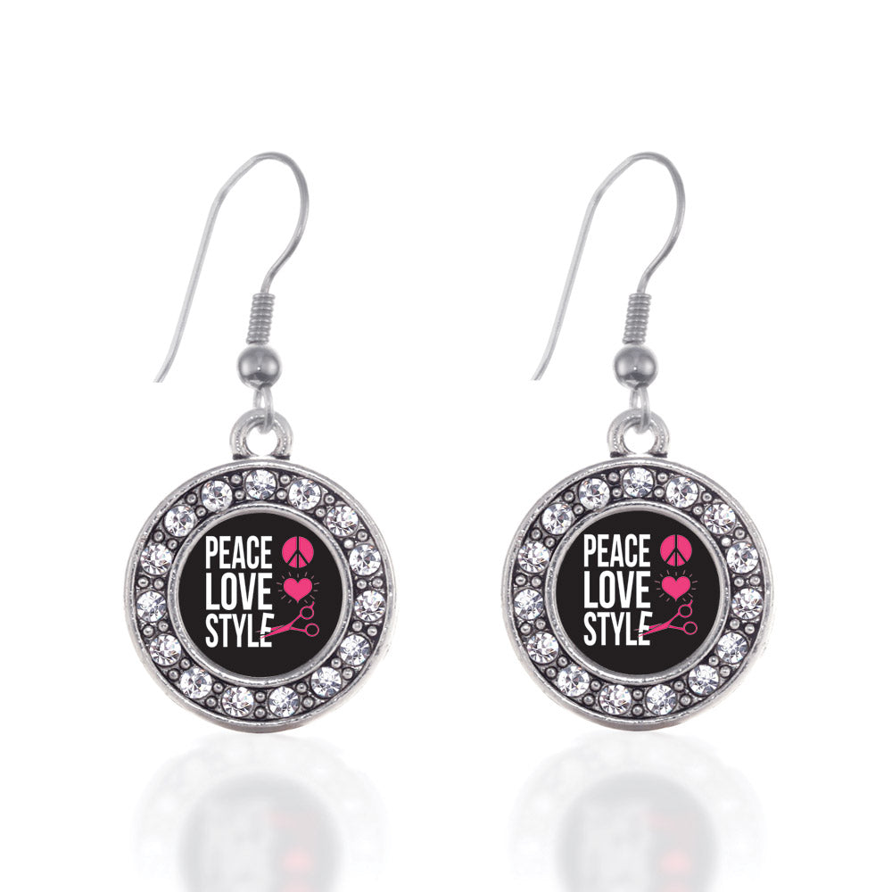Silver Peace, Love, And Style Circle Charm Dangle Earrings