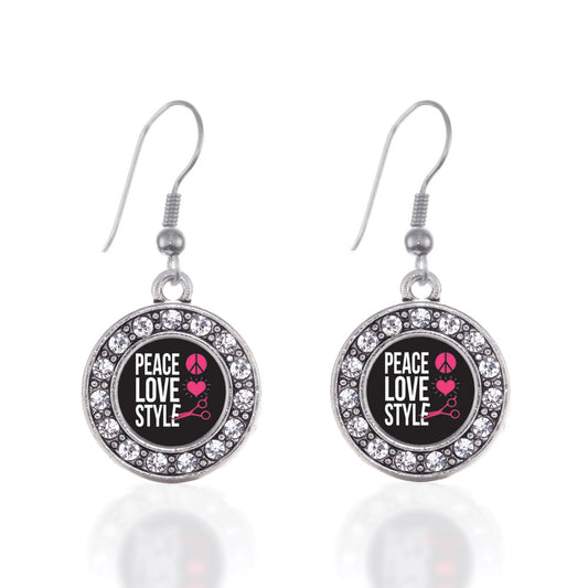 Silver Peace, Love, And Style Circle Charm Dangle Earrings