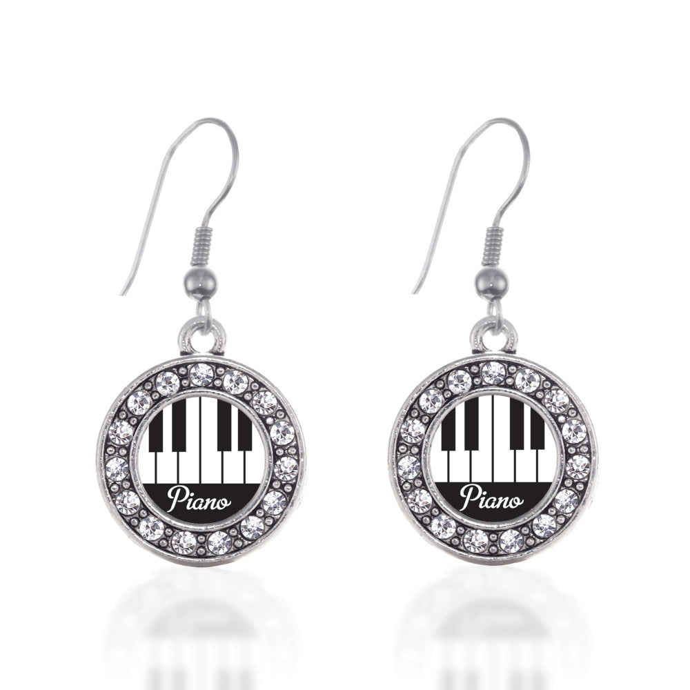 Silver Piano Lovers Circle Charm Dangle Earrings