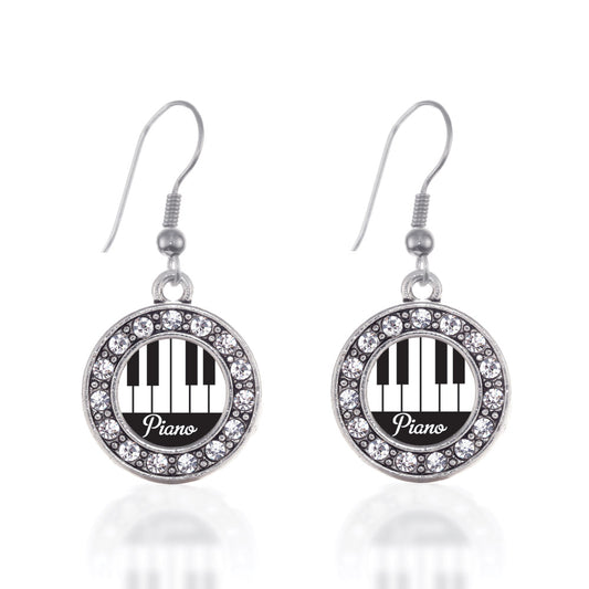 Silver Piano Lovers Circle Charm Dangle Earrings
