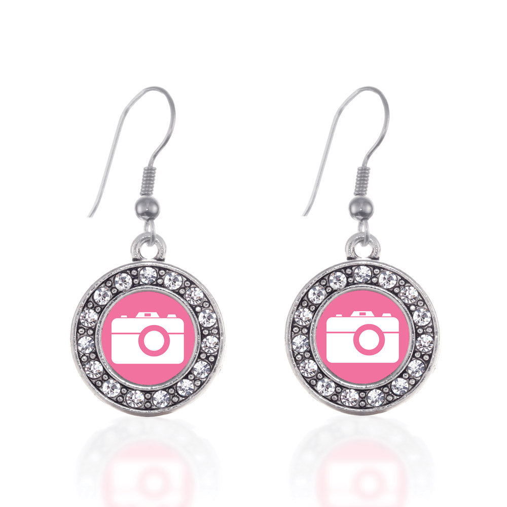 Silver Pink Camera Circle Charm Dangle Earrings