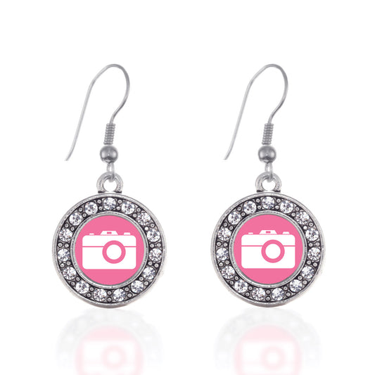 Silver Pink Camera Circle Charm Dangle Earrings