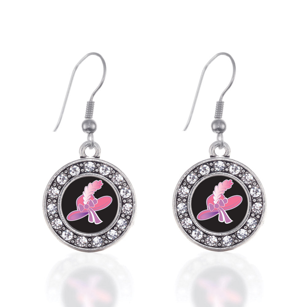 Silver Pink Hat Circle Charm Dangle Earrings