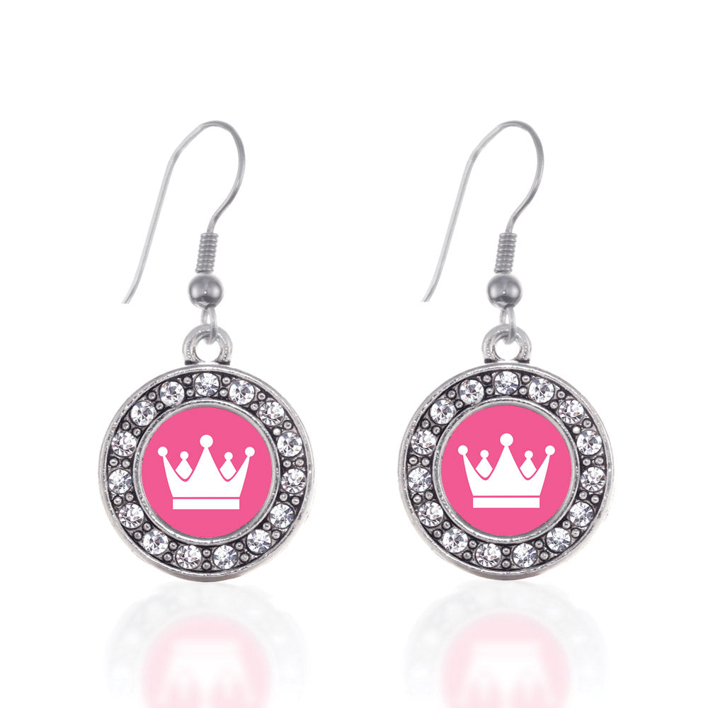 Silver Pink Princess Circle Charm Dangle Earrings