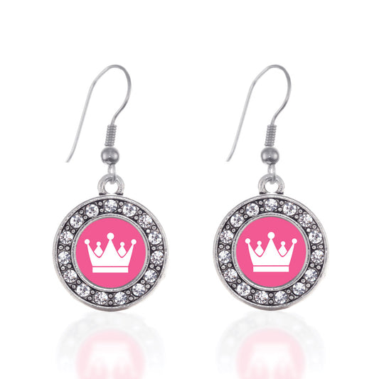 Silver Pink Princess Circle Charm Dangle Earrings