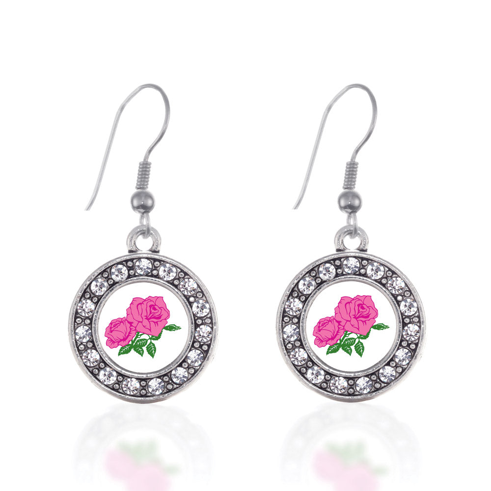 Silver Pink Rose Circle Charm Dangle Earrings